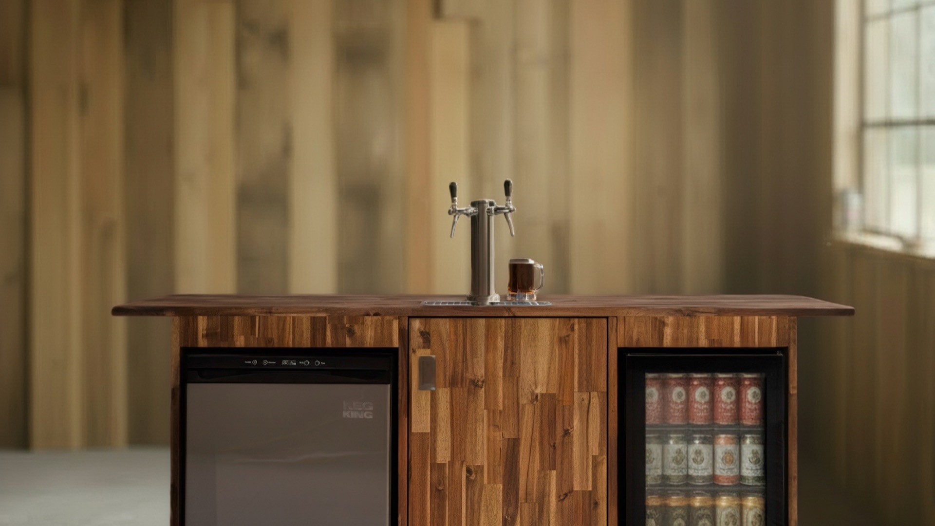 Timber bar with a tap tower and under-counter cabinets