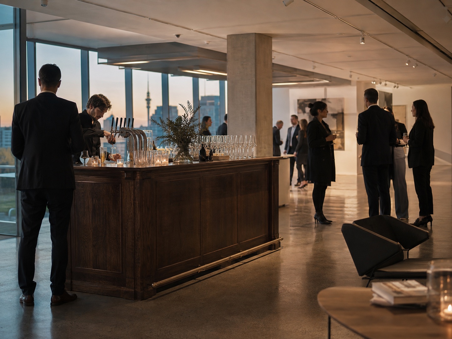 Concept view of a portable timber bar at a corporate gathering