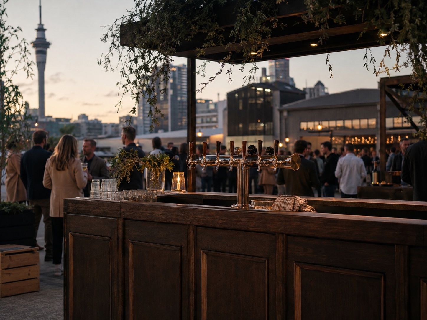 Concept view of a portable timber bar at an Auckland pop-up event
