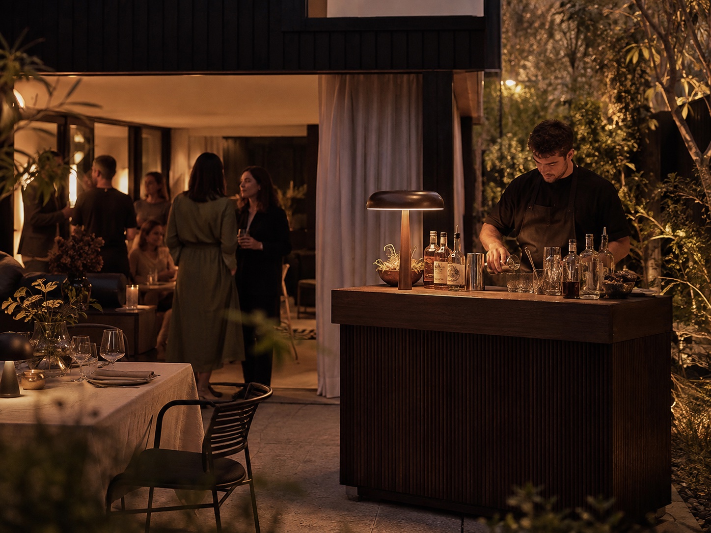 Concept view of a portable timber bar at a private celebration