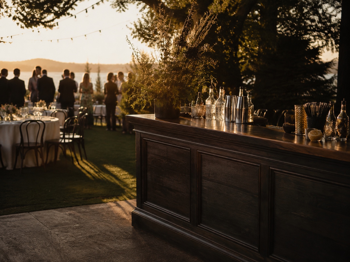 Concept view of a portable timber bar at an outdoor wedding